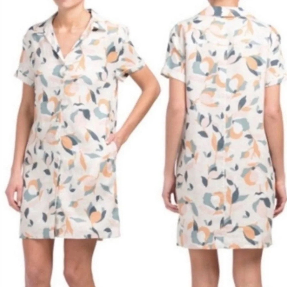 Rachel Zoe Womens‎ XL 100% Linen Floral Print Shirt Dress Flowers Pockets Shift